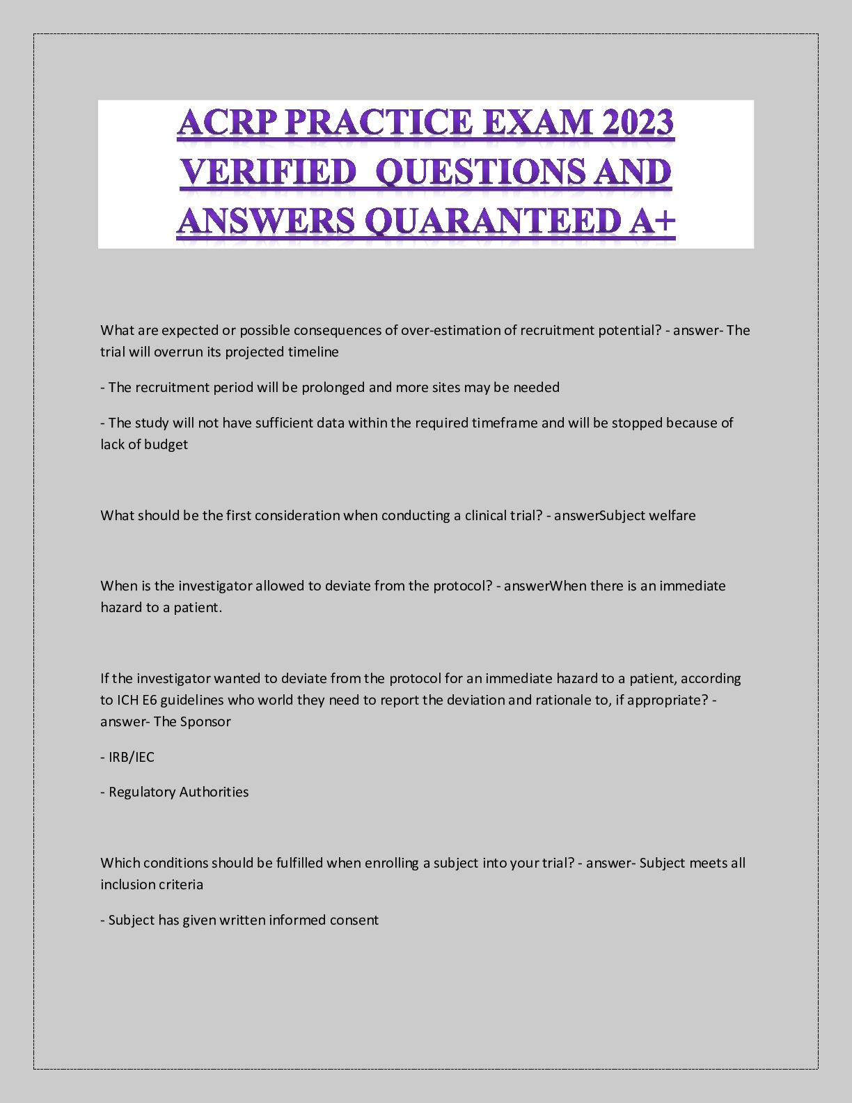 Preview image for ACRP PRACTICE EXAM 2023 VERIFIED  QUESTIONS AND ANSWERS QUARANTEED A+